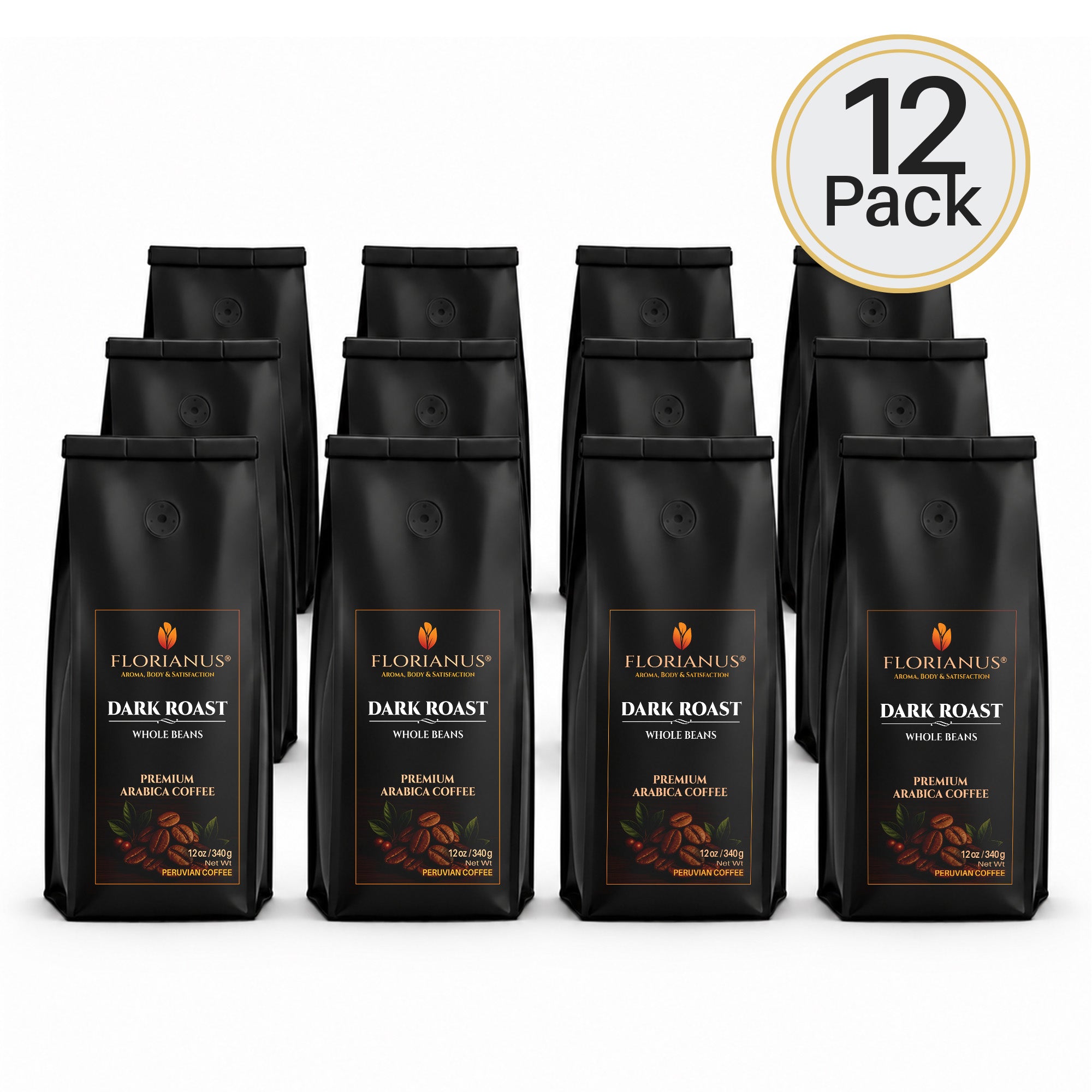 FLORIANUS Coffee — Dark Roast Whole Bean 12oz / 340g — 12-Pack · Free Shipping