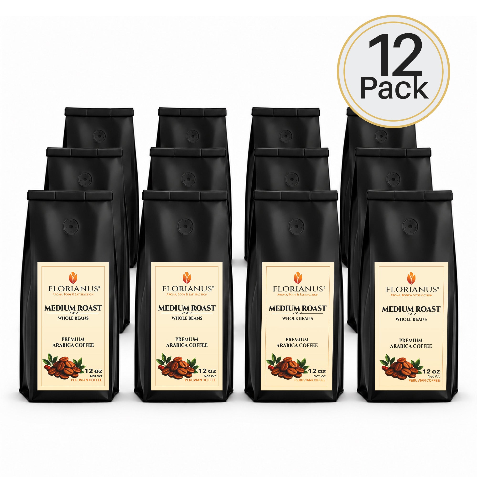 FLORIANUS Coffee — Medium Roast Whole Bean 12oz / 340g — 12-Pack · Free Shipping