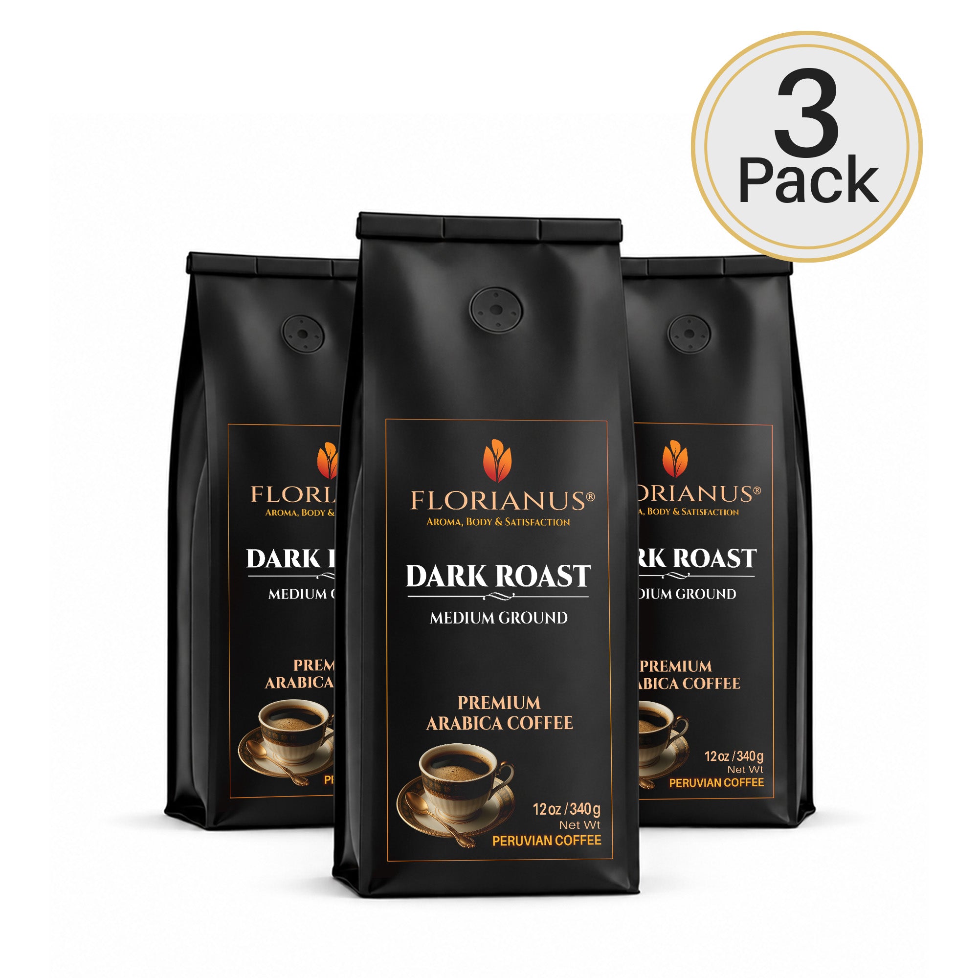 FLORIANUS Coffee — Dark Roast Medium Ground 12oz / 340g — 3-Pack · Free Shipping