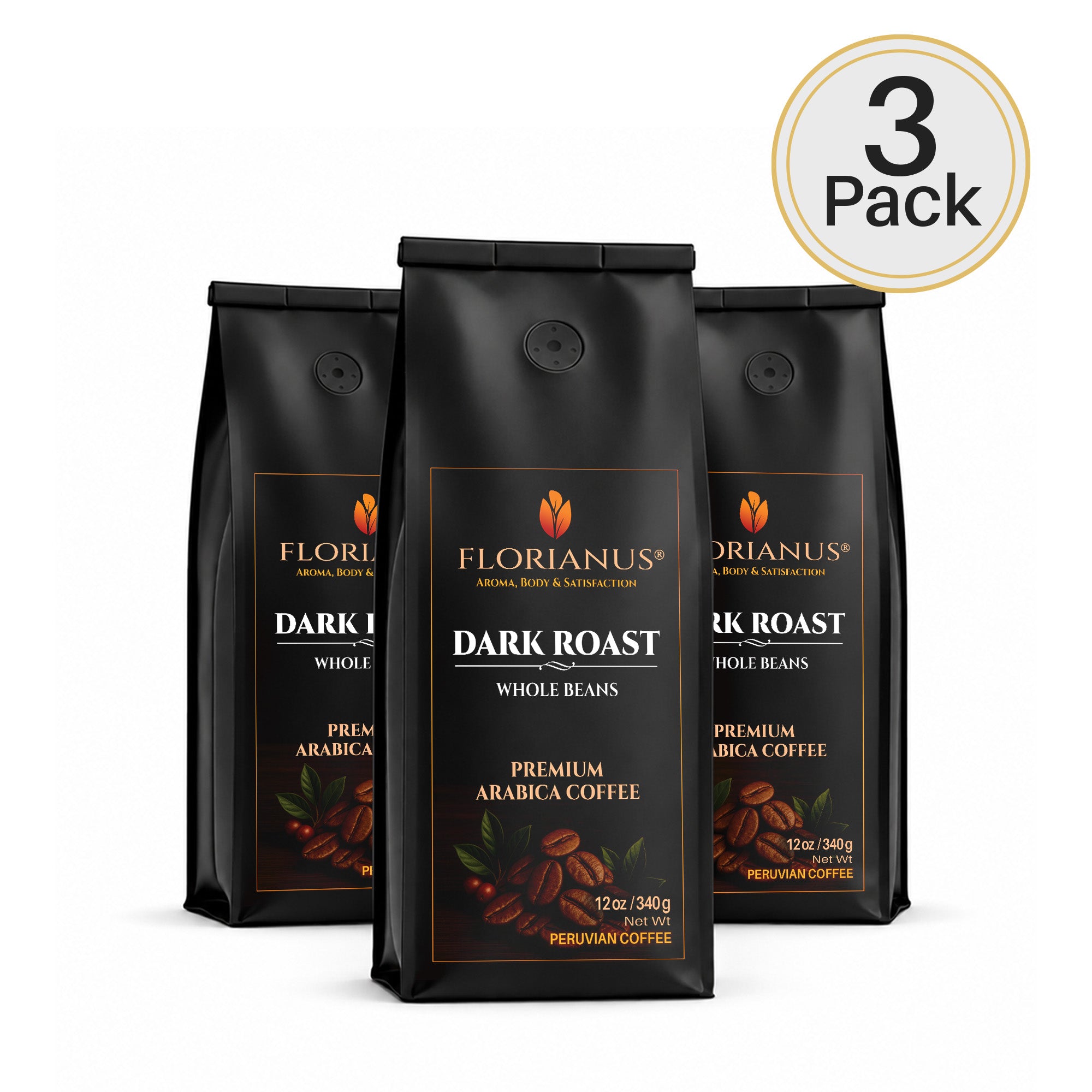 FLORIANUS Coffee — Dark Roast Whole Bean 12oz / 340g — 3-Pack · Free Shipping