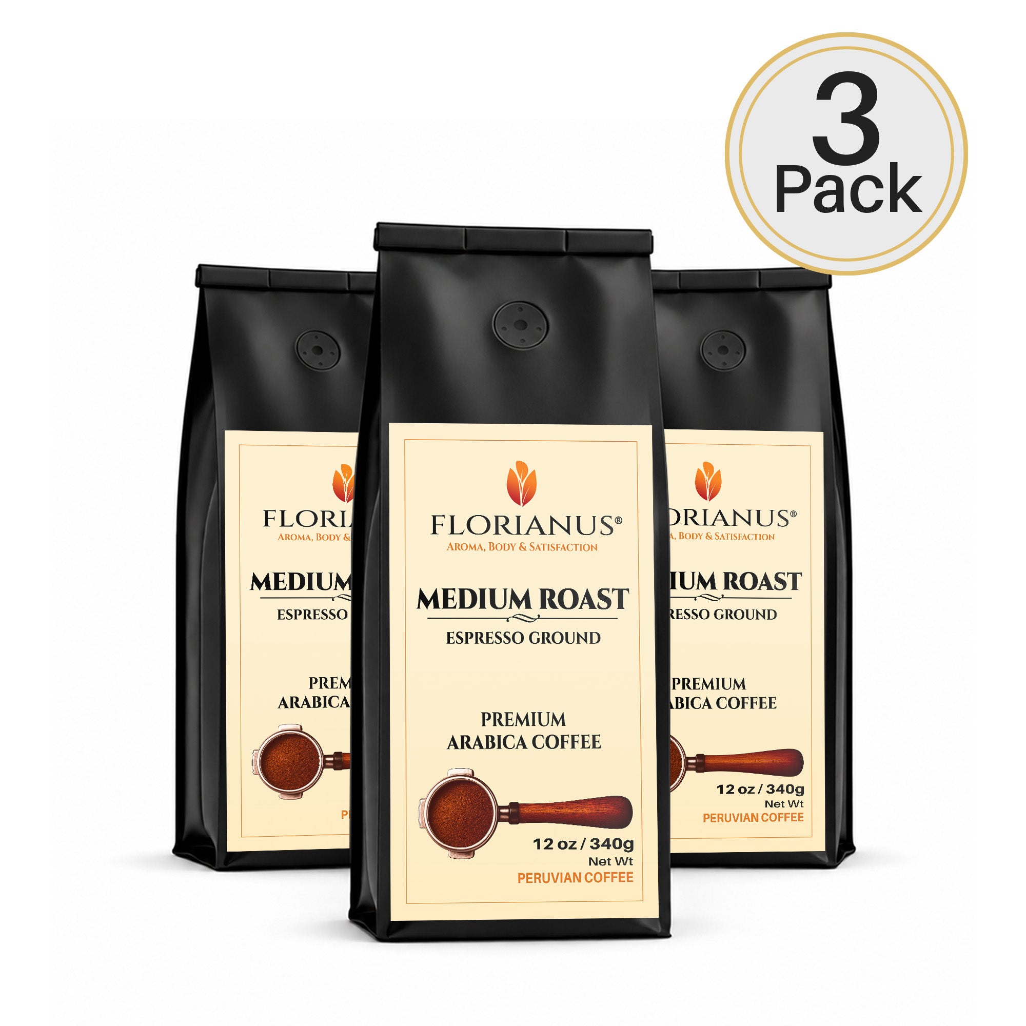 FLORIANUS Coffee — Medium Roast Espresso Grind 12oz / 340g — 3-Pack · Free Shipping