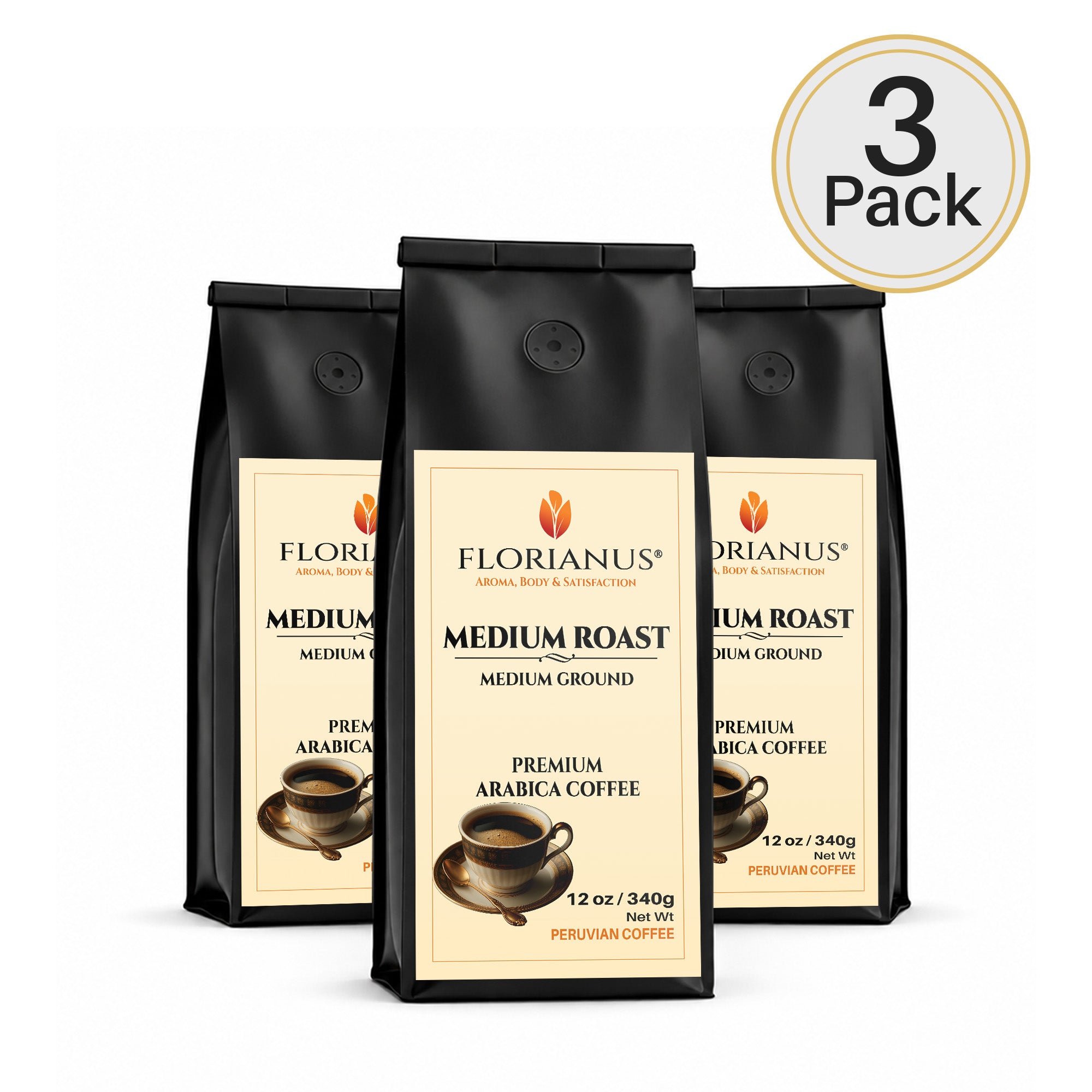 FLORIANUS Coffee — Medium Roast Medium Ground 12oz / 340g — 3-Pack · Free Shipping
