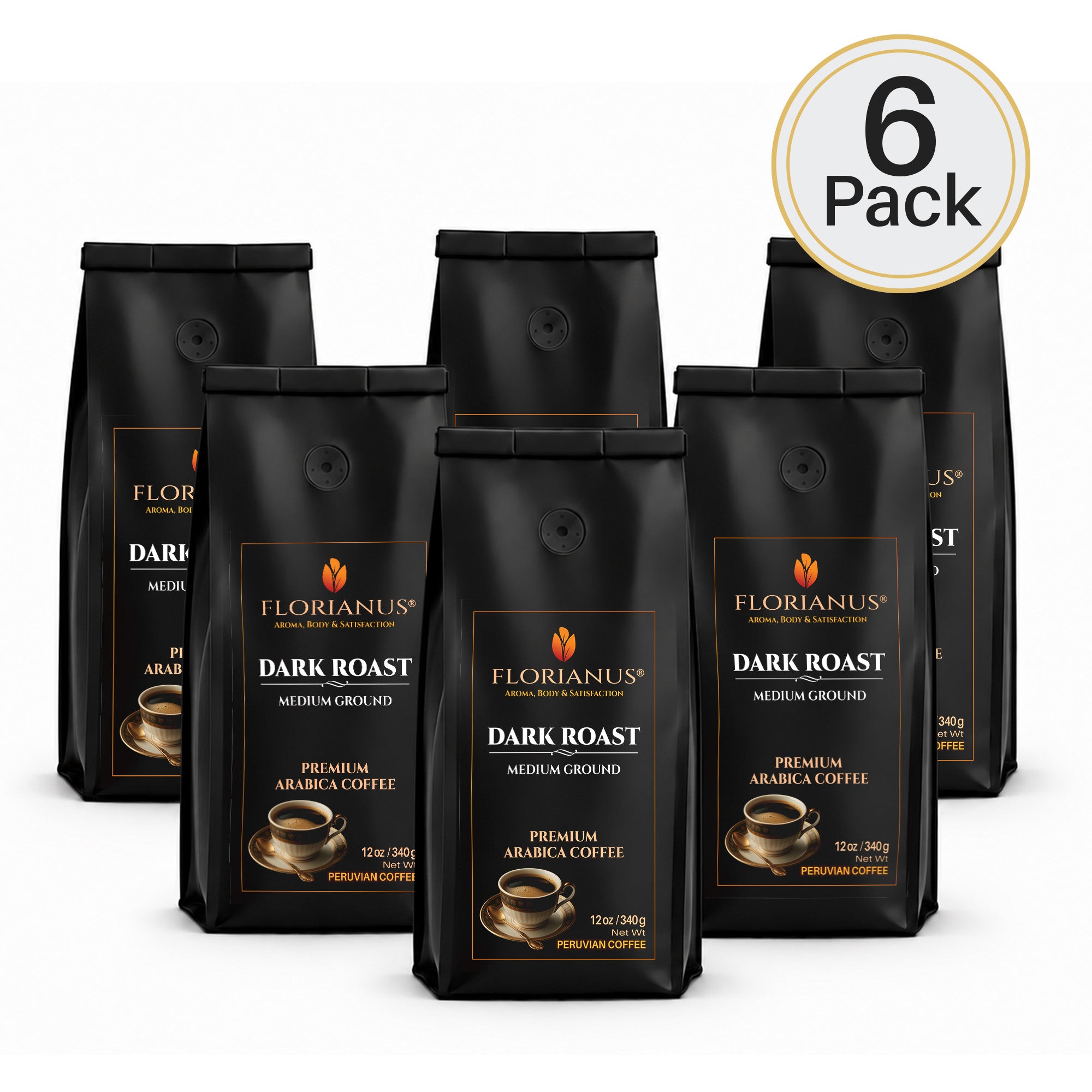 FLORIANUS Coffee — Dark Roast Medium Ground 12oz / 340g — 6-Pack · Free Shipping