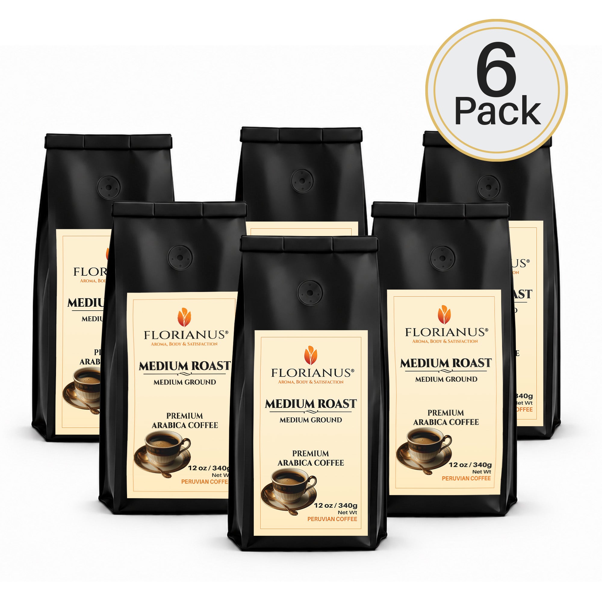 FLORIANUS Coffee — Medium Roast Medium Ground 12oz / 340g — 6-Pack · Free Shipping