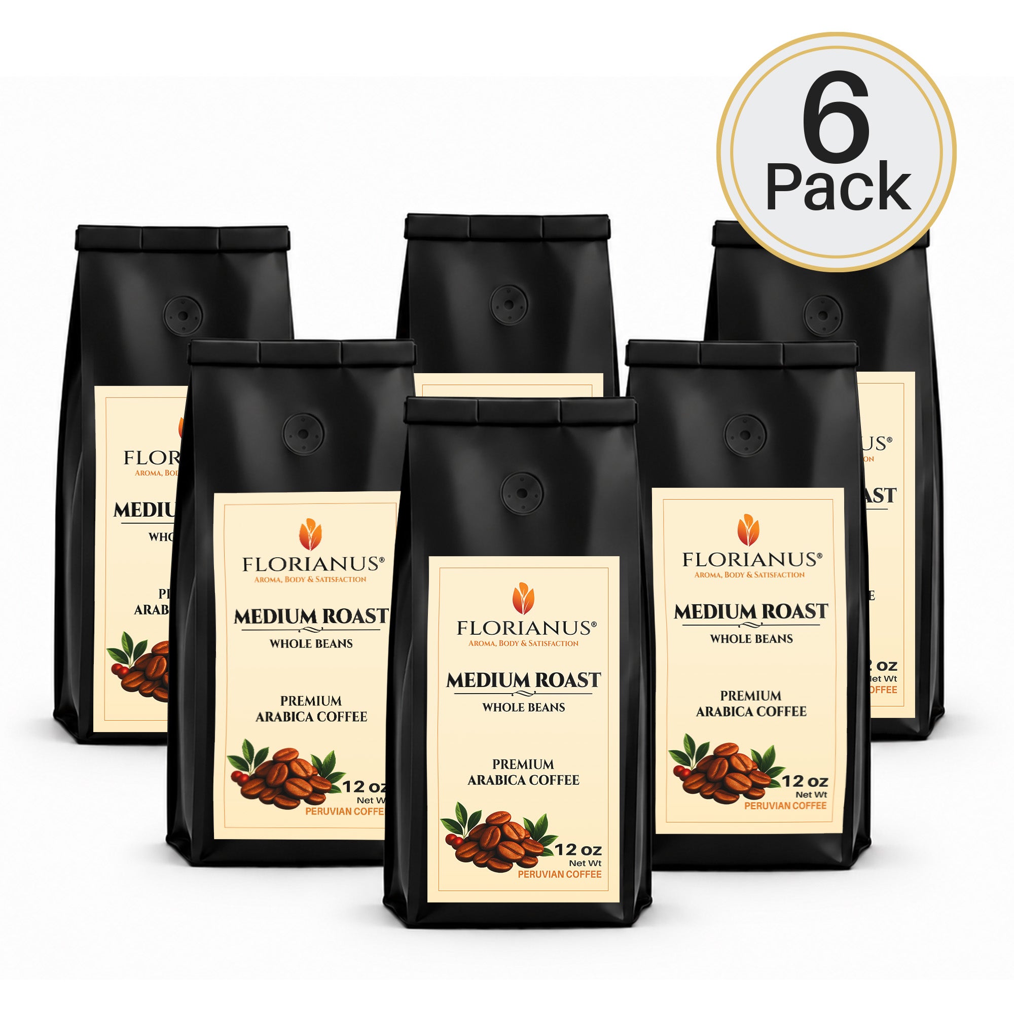 FLORIANUS Coffee — Medium Roast Whole Bean 12oz / 340g — 6-Pack · Free Shipping