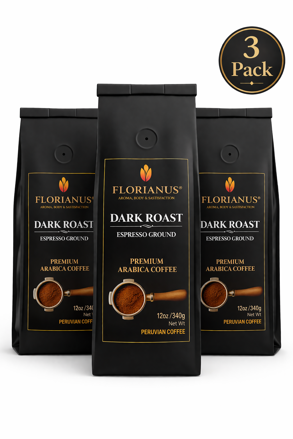 FLORIANUS COFFEE, DARK ROAST, ESPRESSO GROUND 3 Pack (12 oz / 340g each)