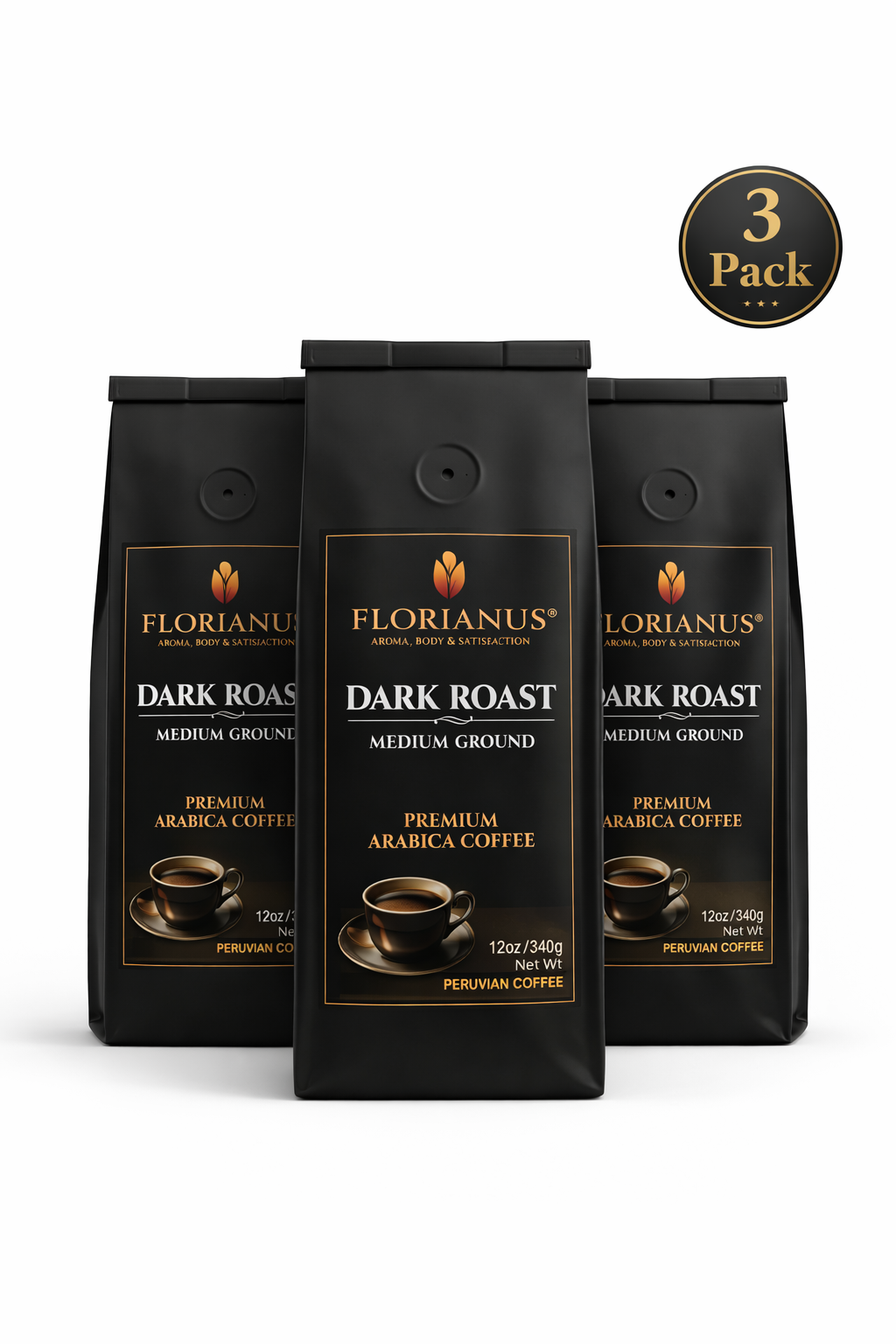 FLORIANUS COFFEE, DARK ROAST, MEDIUM GROUND 3 Pack (12 oz / 340g each)