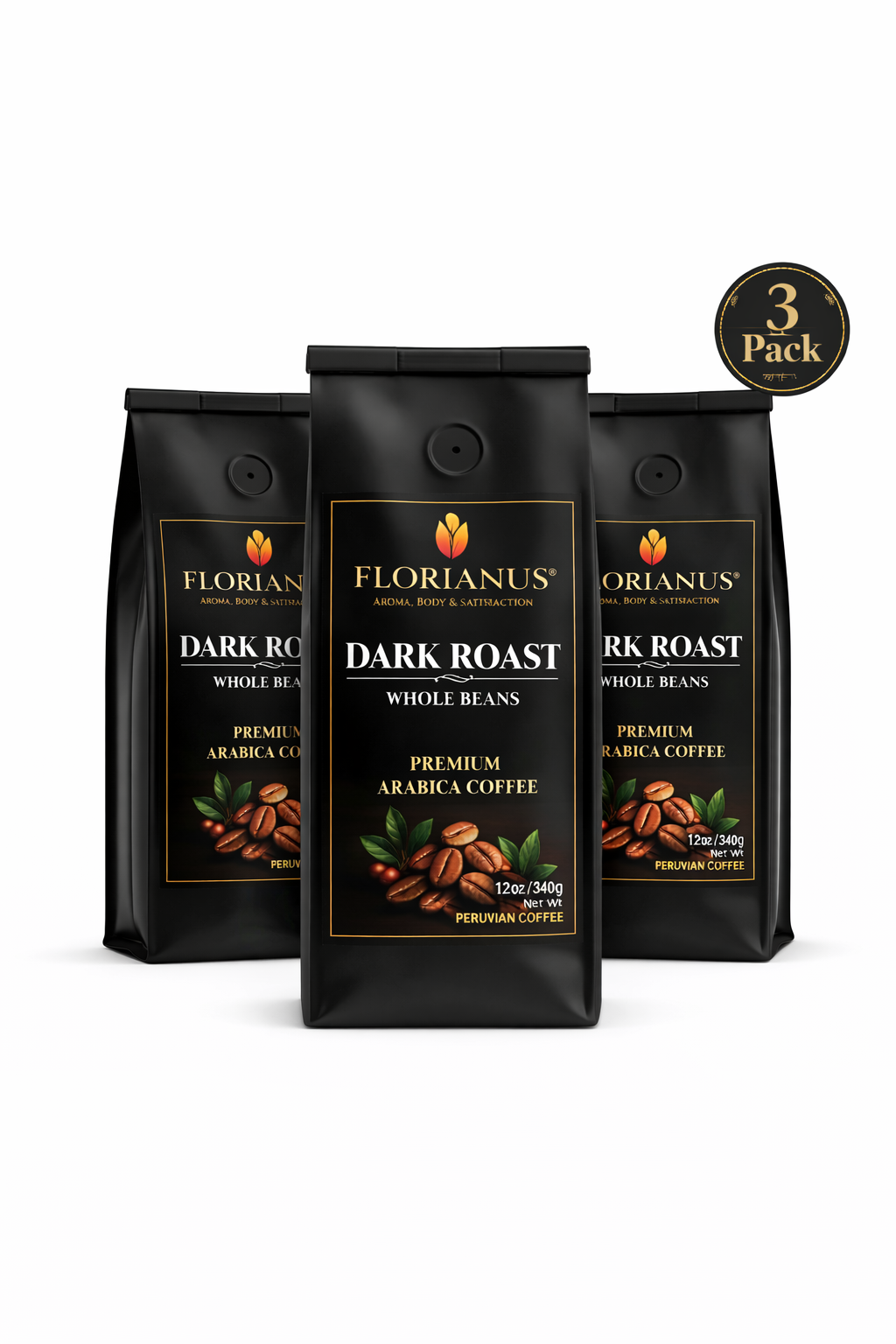 FLORIANUS COFFEE, DARK ROAST, WHOLE BEAN 3 Pack (12 oz / 340g each)