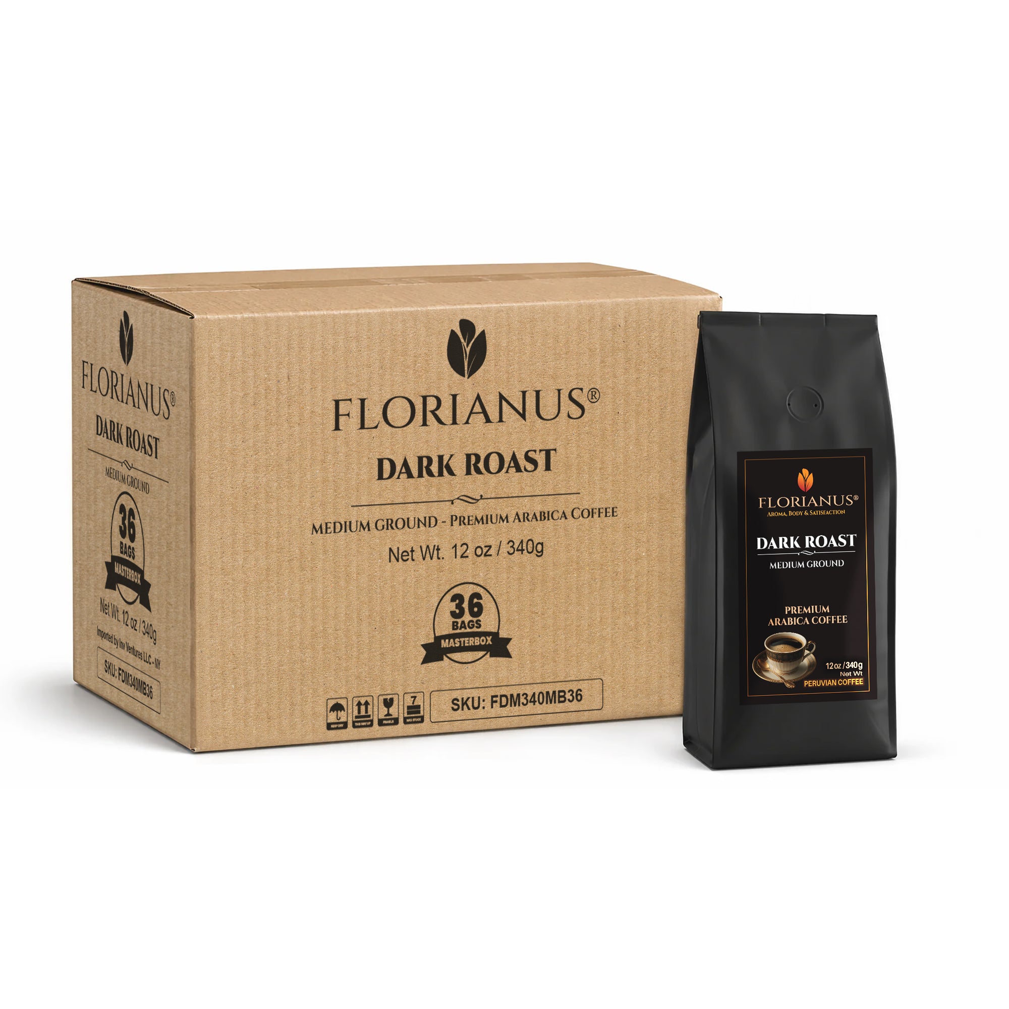 FLORIANUS COFFEE, DARK ROAST, MEDIUM GROUND Masterbox – 36 Bags (12 oz / 340g each)