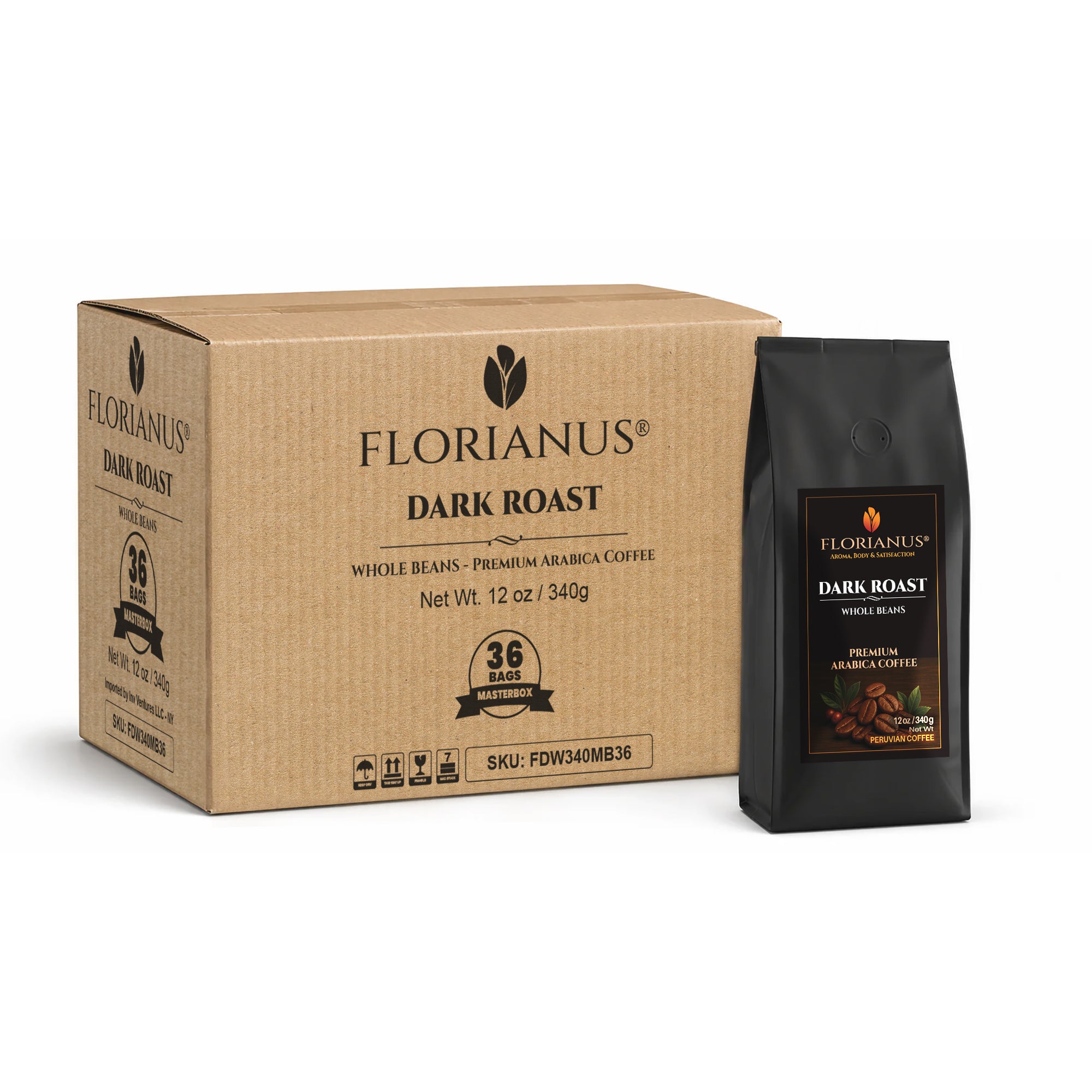 FLORIANUS COFFEE, DARK ROAST, WHOLE BEAN Masterbox – 36 Bags (12 oz / 340g each)
