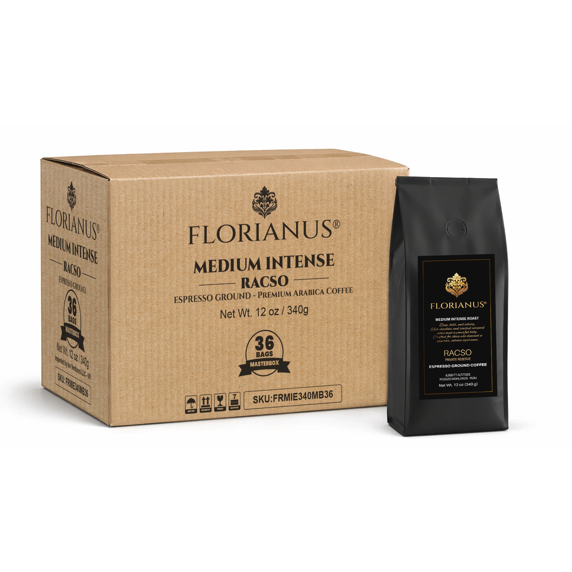 FLORIANUS COFFEE, MEDIUM INTENSE ROAST, ESPRESSO GROUND, MASTERBOX 36 Bags (12 oz / 340g each)