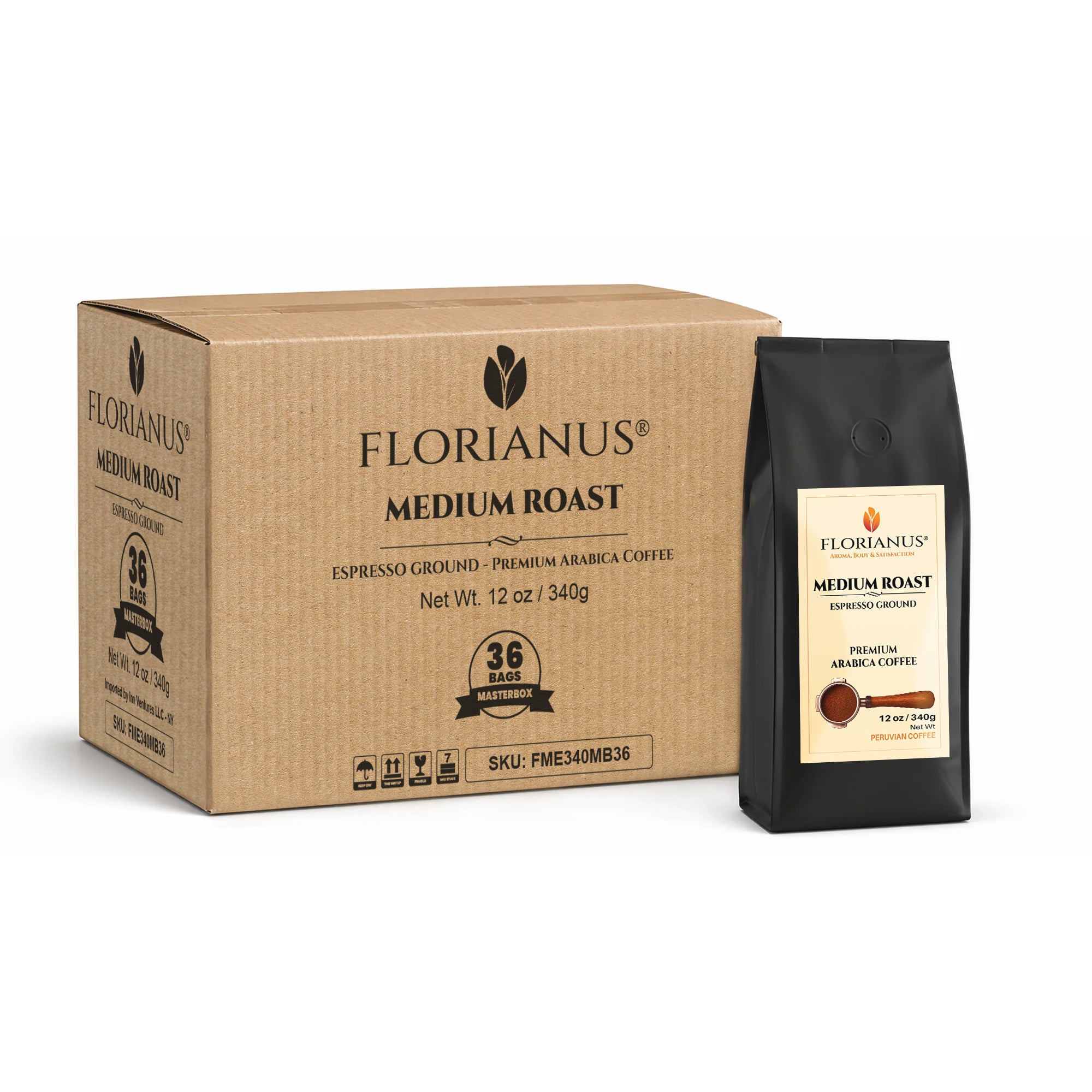 FLORIANUS COFFEE, MEDIUM ROAST, ESPRESSO GROUND Masterbox – 36 Bags (12 oz / 340g each)