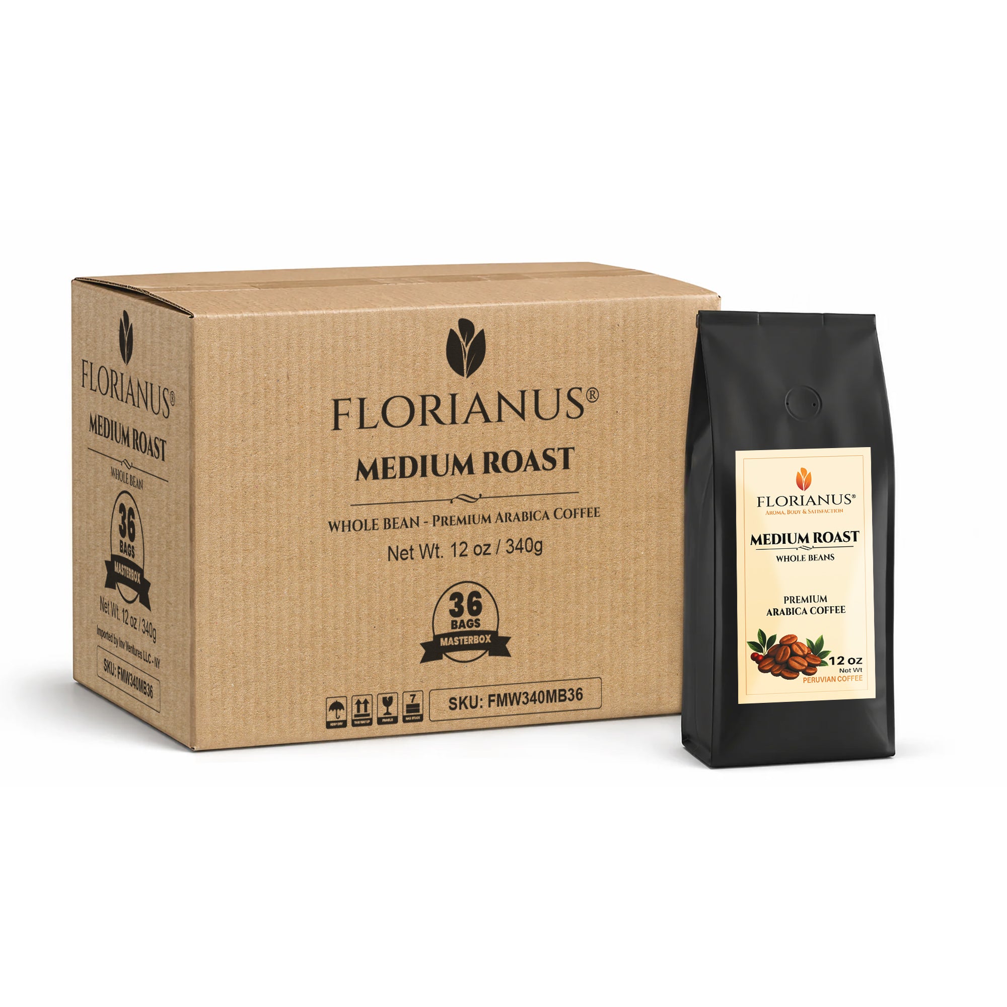 FLORIANUS COFFEE, MEDIUM ROAST, WHOLE BEAN Masterbox – 36 Bags (12 oz / 340g each)