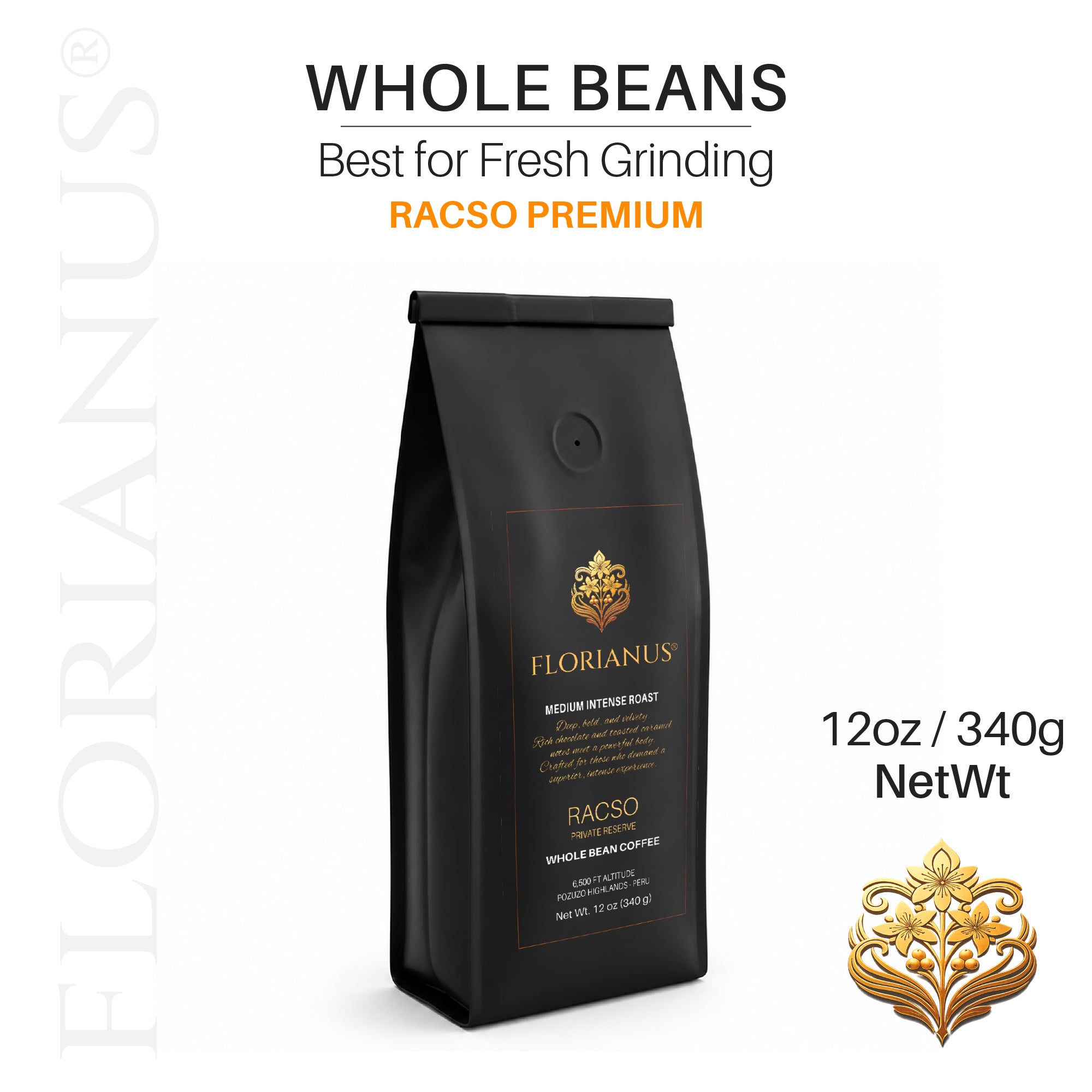 FLORIANUS RACSO — Medium Intense Roast Whole Bean 12oz / 340g — 6-Pack · Free Shipping